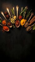 Wooden spoons filled with colorful spices and herbs arranged on dark rustic background for culinary cooking and seasoning recipes with copy space.