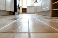 Low angle view of modern kitchen floor with light wood laminate planks, showing texture and perspective leading to white cabinets and storage units.