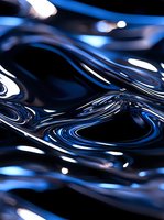 Abstract liquid surface with dark blue metallic waves and white light reflections creating dynamic ripple pattern. Suitable for luxury brand backgrounds.