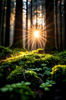 Magical sunburst through forest trees illuminates vibrant green moss and woodland plants on forest floor, creating dramatic rays of light in misty atmosphere.