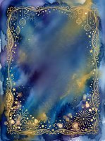 Midnight blue watercolor background with ornate gold decorative border featuring stars, fireworks, and celestial ornaments, suitable for invitations, greeting cards, and festive designs.