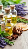 Essential oils in glass bottles with cork stoppers surrounded by lavender, mint, cinnamon sticks, star anise and dried orange slices on wooden surface.