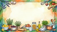 Watercolor kitchen frame with herbs, vegetables, and cooking utensils surrounding a blank center, perfect for recipe cards and food blog designs.