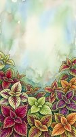 Watercolor garden border with colorful flowering plants in magenta, purple, orange and yellow tones against soft blue and green washed background. Suitable for invitations, cards.