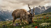 Brown yak grazing on alpine meadow with wildflowers against dramatic mountain peaks and cloudy sky. Rural livestock farming in highland pasture landscape.