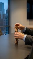 Businessman building wooden block tower in modern office representing strategy planning and risk management for corporate growth and development.