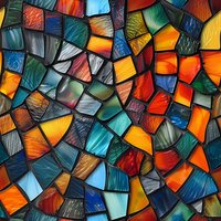 Vibrant stained glass mosaic pattern in orange, blue, turquoise and red tones creates abstract geometric design. Seamless repeat for fabric and wallpaper backgrounds.