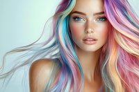 Young woman with vibrant rainbow colored hair flowing in pastel pink, blue and yellow shades against light background, featuring natural makeup and bright blue eyes.