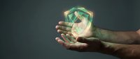 Hands protecting glowing green shield symbol representing cybersecurity, data protection and digital safety concepts for business technology.