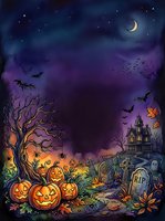 Spooky haunted graveyard scene with glowing jack-o-lanterns, bare twisted tree, flying bats, crescent moon, and eerie mansion under starry night sky for seasonal decorations.