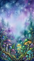 Enchanted forest landscape with glowing mushrooms, magical woodland plants, and starry night sky with crescent moon, featuring purple, blue, and green watercolor tones for fantasy art, book illustrations, and mystical designs.