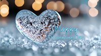Sparkling crystal heart on glittering surface with soft bokeh lights in background creates romantic atmosphere for Valentine's Day celebration and love themes.