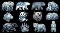 Watercolor bear sticker set with panda, polar, grizzly, and black bears in blue tones, isolated on transparent background, ready for clipart, stickers, and t-shirt design.