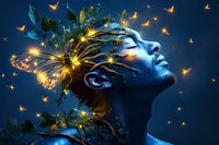 Surreal portrait of African American man with glowing butterflies, luminous nature elements and magical blue-gold effects emerging from profile against dark background.