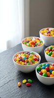 Colorful jelly beans in white ceramic bowls on dark slate surface near window with natural light for candy shop displays and confectionery marketing.