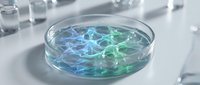 Glowing neural network connections in laboratory petri dish with blue and green light effects for biotechnology and artificial intelligence research.