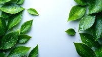 Fresh green leaves with water drops on white background, natural border frame layout with copy space for wellness and spa concepts.