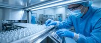 Laboratory technician in protective suit examining samples in sterile pharmaceutical manufacturing facility with modern equipment and quality control processes.