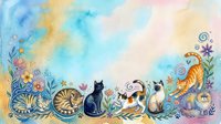 Watercolor cats and flowers border on soft blue background with copy space, featuring diverse cat breeds in playful poses for greeting cards.
