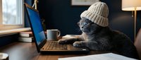 Gray tabby cat wearing knitted beanie hat working on laptop computer at wooden desk in cozy home office setting with warm lighting and coffee mug nearby.