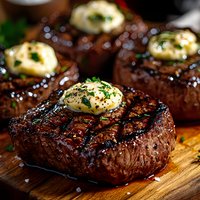 Grilled beef tenderloin steaks topped with herb butter medallions on wooden cutting board, garnished with fresh parsley and coarse sea salt. Juicy meat with charred surface.