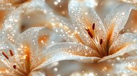 Delicate white lilies with water drops in warm golden light, soft bokeh background creates dreamy atmosphere, macro photography shows petals and stamens detail.