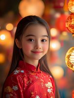 Young Asian girl wearing traditional red qipao dress with floral pattern smiles warmly against blurred background of glowing lanterns and festive bokeh lights during celebration.