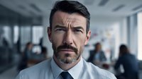 Serious businessman with salt and pepper beard in white shirt looking intensely at camera, office environment with blurred colleagues in background.