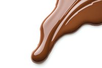 Flowing liquid milk chocolate drip on white background, glossy melted cocoa stream with smooth texture and rich brown color. Isolated design element for confectionery.