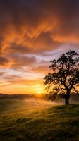 Dramatic sunrise over countryside meadow with lone oak tree silhouette against vibrant orange and golden sky clouds creating peaceful rural landscape scene.