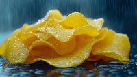 Fresh yellow potato chips with water drops in dramatic lighting and macro photography, crispy wavy snack food on dark background with rain effect.