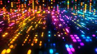 Abstract digital technology background with colorful glowing dots and light trails creating dynamic data visualization pattern for modern tech presentations.