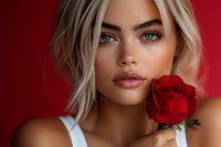 Young blonde woman with blue eyes holding red rose against burgundy background, wearing white top. Sensual romantic portrait with soft lighting.