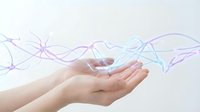 Cupped hands releasing flowing abstract network connections with glowing nodes and lines representing digital connectivity and data transfer concepts.