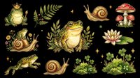 Frog, snail, toad, fern, mushroom, lotus flower, clover, garden plants, nature elements, woodland creatures, amphibian, gastropod, botanical, decorative, isolated, transparent background, png, clipart, cut out, design element, sublimation, print on demand, t-shirt design, sticker, craft asset, digital illustration, nature illustration, garden theme, forest elements, wildlife, spring theme, summer theme, whimsical nature, decorative elements, scrapbooking, greeting card, children illustration, nursery decor, nature clipart, botanical clipart, animal clipart, garden clipart, pond life, ecosystem, nature collection, mixed elements, multi-pack, ready to use.