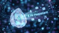 Futuristic AI assistant hologram with glowing crystal and digital interface icons floating in cyber space technology background for smart automation.