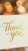 Thank you message in gold glitter lettering on white card with warm bokeh lights, suitable for greeting cards, invitations, and gratitude designs.