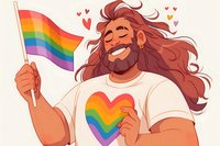 Joyful bearded man with long brown hair wearing rainbow heart t-shirt holds pride flag, expressing happiness and love. Perfect for LGBTQ+ themes, pride month celebrations and diversity campaigns.