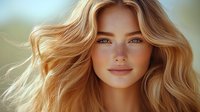 Young woman with flowing blonde wavy hair and natural makeup smiling gently against soft blurred background, radiating warmth and confidence in beauty and lifestyle portrait.