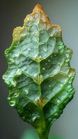 Green leaf with water droplets and autumn-colored edges showing detailed vein structure and natural moisture on textured surface. Perfect for nature publications.