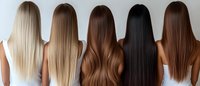 Back view of five women with different hair colors from blonde to dark brown showing long straight hairstyles against white background. Hair color comparison concept.
