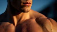 Close-up of muscular male torso and jawline at sunset, golden light highlighting defined physique for fitness and wellness content.
