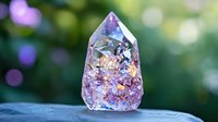 Amethyst crystal point with dried flowers inside on wooden surface with blurred natural green background. Healing stones meditation spiritual wellness decor.