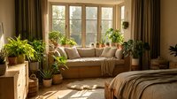 Cozy bedroom corner with warm sunlight streaming through large windows, featuring a comfortable beige sofa, potted green plants, wooden furniture, and flowing curtains creating a serene, nature-inspired retreat space.
