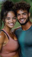 Young diverse couple with curly hair and bright smiles wearing athletic wear pose together outdoors. Natural green background creates warm, authentic lifestyle portrait.
