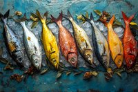 Fresh colorful fish arranged in row on rustic turquoise background with spices and herbs, seafood composition for restaurant menu or market display.