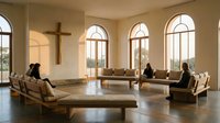 Diverse group of people sitting in modern minimalist chapel or meditation room with large arched windows, wooden furniture, and cross on wall for worship, prayer, or spiritual gathering.