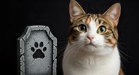 Brown and white tabby cat with green eyes looking directly at camera next to stone pet memorial marker with paw print, isolated on black background for pet loss, memorial services, and veterinary designs.