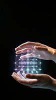 Hands protecting glowing digital network sphere with connected nodes and data points on dark background for technology and innovation concepts.