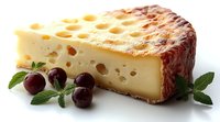 Piece of aged Swiss cheese with holes showing texture and structure, garnished with fresh dark grapes and mint leaves on white background, macro food photography.